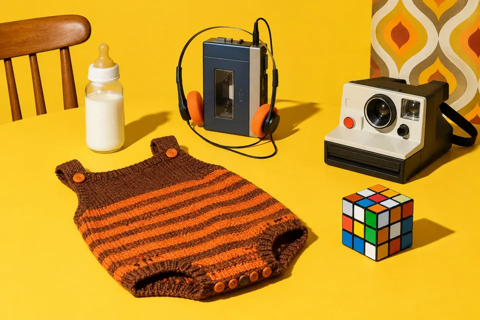 Küchentisch im Stil der 1980er mit Babyfläschchen, gestricktem Strampler, Walkman und Sofortbildkamera