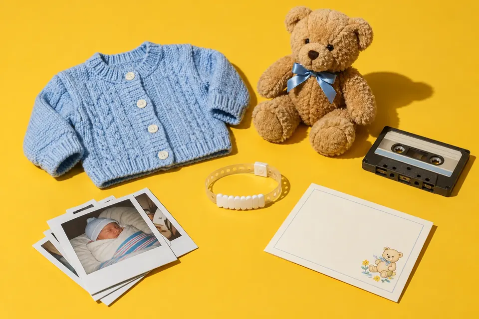 Stillleben aus den 1990ern mit Babyjäckchen, Teddy, Kassette, Sofortbildern und Namensbändchen