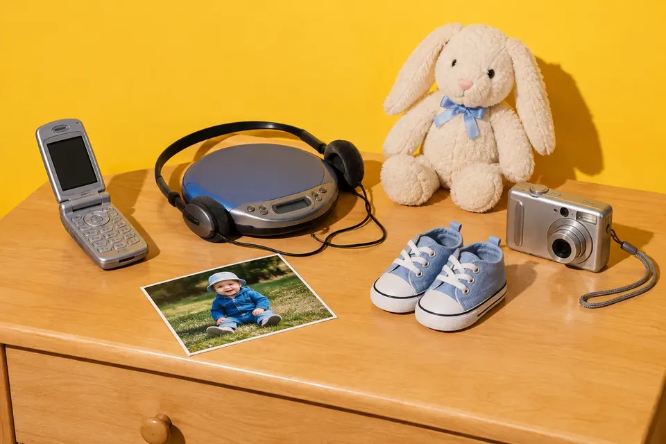 Kinderzimmer-Ecke aus den 2000ern mit Klapphandy, CD-Player, Digitalkamera und Babyschuhen
