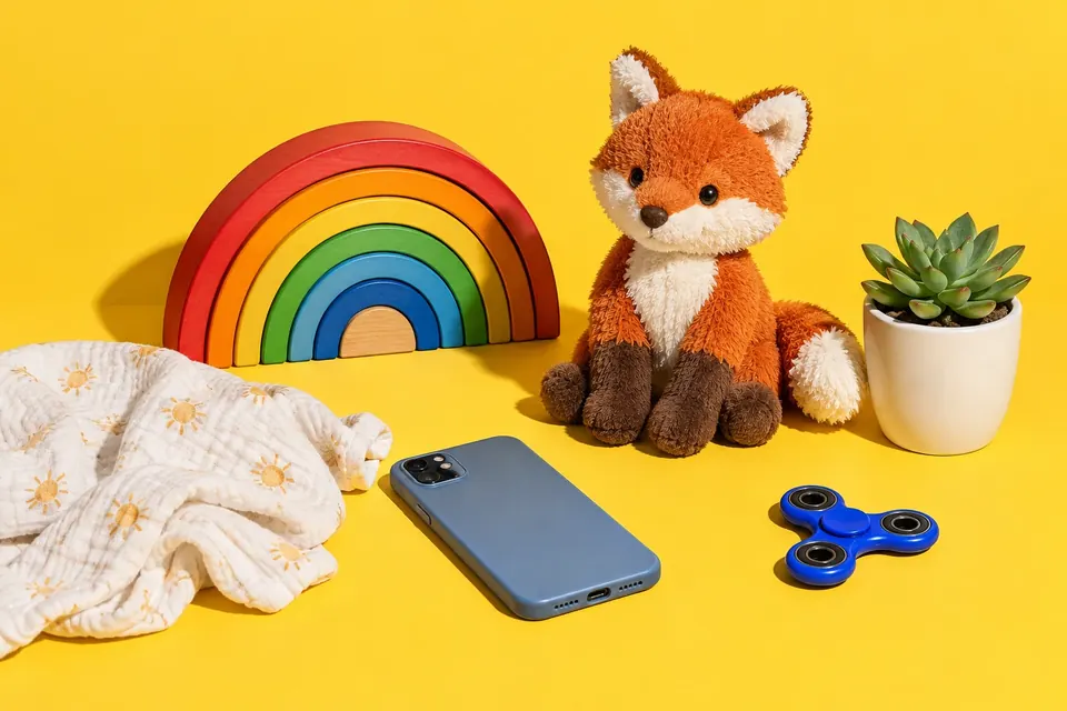 Kinderzimmerregal aus den 2010ern mit Smartphone, Holz-Regenbogen, Fidget Spinner und Plüschfuchs
