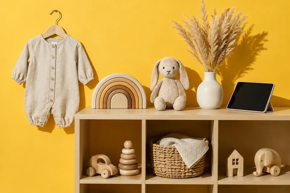Modernes Kinderzimmer der 2020er mit Holzspielzeug, Leinen-Babykleidung und Strickhase